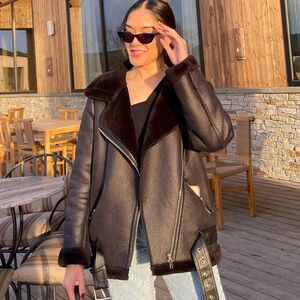 Zara shearling lined black leather jacket